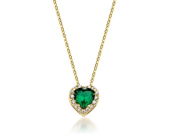 14K Solid Yellow Gold Emerald Solitaire Necklace, Heart Shape Emerald Necklace, Heart Necklace, May Birthstone, Green Emerald, Gemstone