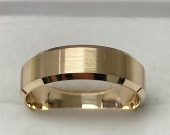 14K Yellow Gold Wedding Band,  6mm 10K 14K 18K Solid Gold Mens Wedding Ring,  Beveled Edge Satin Finish Mens Wedding Band