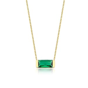 Baguette Emerald Necklace, 14K Solid Yellow Gold Emerald Solitaire Necklace, Dainty Emerald Necklace, May Birthstone, Green Emerald,Gemstone