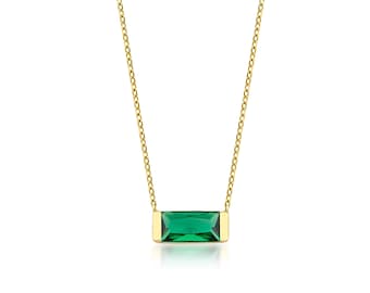 Baguette Emerald Necklace, 14K Solid Yellow Gold Emerald Solitaire Necklace, Dainty Emerald Necklace, May Birthstone, Green Emerald,Gemstone