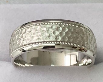 14K White Gold Mens Wedding Bands, Milgrain hammered Finish Mens Wedding Rings, 8mm 10K 14K 18K Solid White Gold Wedding Bands, Comfort Fit