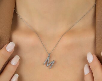 Diamond Initial Necklace 14K White Gold 0.45 Carat Natural Diamond Letter Necklace, Diamond Necklace , Initial Pendant, Letter M Necklace