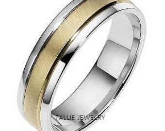 Two Tone Gold Mens Wedding Rings, Brushed Finish Mens and Womens Wedding Bands, 6mm 10K 14K 18K Solid White and Yellow Gold Wedding Rings