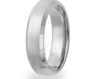 White Gold Mens Wedding Band, Satin Finish Beveled Edge Mens Wedding Ring, 6mm 10K 14K 18K Solid White Gold Wedding Bands