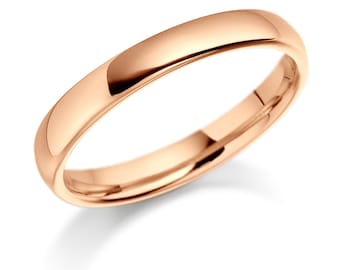 3mm 10K 14K 18K Solid Rose Gold Wedding Bands, Shiny Finish Plain Dome Mens and Womens Wedding Rings, His & Hers Wedding Bands, Comfort Fit