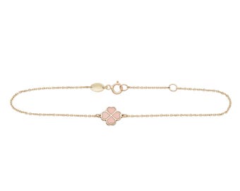 14K Solid Yellow Gold Minimalist Pink  Four Leaf Bracelet, Small Pink Bracelet, Irish Clover Bracelet