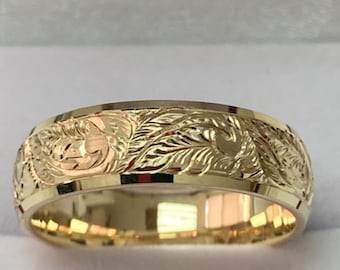 6mm 10K 14K 18K Solid Yellow Gold Hand Engraved Wedding Band,  Hand Engraved Mens Wedding Rings, Hand Engraved Mens Wedding Bands
