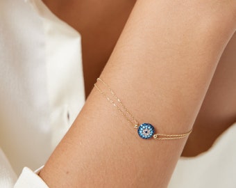 Evil Eye Bracelet, 14K Solid Yellow Gold Round Evil Eye Bracelet, Turquoise Bracelet ,Gifts for Her, Gold Bracelet, Gold Evil Eye