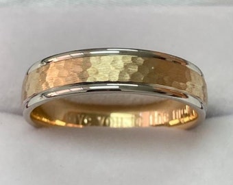 Two Tone Gold Wedding Bands, Hammered Finish Mens Wedding Rings, 5mm 10K 14K 18K White and Yellow Gold Mens Wedding Bands