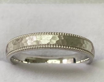Platinum Mens Wedding Band , Platinum Mens Wedding Rins , 4mm Hammered Finish Mens and Womens Wedding Bands, Comfort Fit ,Milgrain
