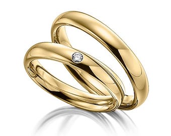 3mm 10K 14K 18K Solid Yellow Gold Mens and Womens Wedding Bands, Matching Wedding Rings Set, His and Hers Diamond Wedding Bands