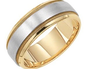 7mm 10K 14K 18K Solid White & Yellow Gold Mens Wedding Ring,  Milgrain Satin Finish Mens Wedding Band