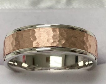 7mm 10K 14K 18K Solid White and Rose Gold Mens Wedding Band, Hammered Finish Mens Wedding Ring, Two Tone Gold Wedding Bands, Comfort Fit