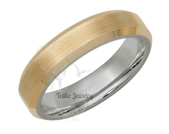 Two Tone Gold Wedding Bands, 4.5mm 10K 14K 18K Solid White and Yellow Gold Mens Womens Wedding Rings, Beveled Edge Satin Finish Wedding Band