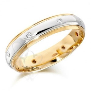 Two Tone Gold Wedding Ring, 5mm 10K 14K 18K Solid White & Yellow Gold Mens Womens Wedding Band, Diamond Wedding Ring, Two Tone Wedding Band