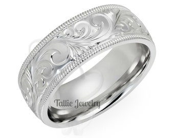 Hand Engraved Mens Wedding Band, Hand Engraved Mens Wedding Ring, 7mm 10K 14K 18K Solid White Gold Wedding Bands, Comfort Fit