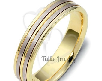 Two Tone Wedding Bands, 5mm 14K Solid White and Yellow Gold Mens Wedding Rings, Two Tone Gold Wedding Bands, Mens Wedding Bands