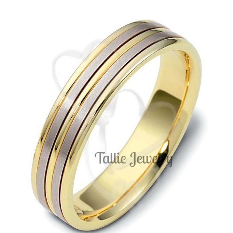 5mm 10K 14K 18K Solid White and Yellow Gold Mens Wedding Rings,Matching Wedding Bands,His /& Hers Wedding Rings Two Tone Gold Wedding Bands