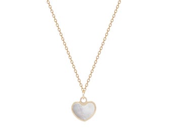 14K Solid Yellow Gold Minimalist Mother of Pearl Heart Necklace, Mother of Pearl Necklace , Small Heart Necklace