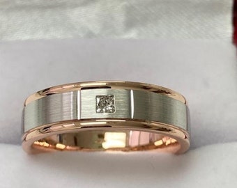 Two Tone Gold Mens Diamond Wedding Rings, Two Tone Gold Mens Wedding Bands, 6mm 14K White & Rose Gold Princess Cut Diamond Mens Wedding Ring