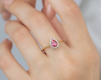 14K Yellow Gold Pear Shape Ruby Ring, Diamond Cz Wedding Ring, Engagement Rings, July Birthstone ,Womens Wedding Bands, Gemstone Rings