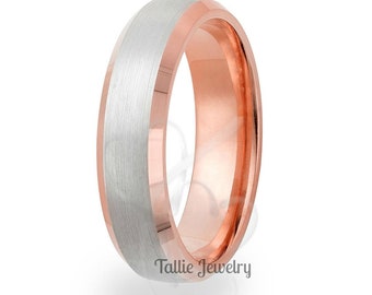 Two Tone Wedding Bands, 5mm 10K 14K 18K Solid White and Rose Gold Beveled Edge Satin Finish Mens Wedding Rings, Two Tone Gold Wedding Bands