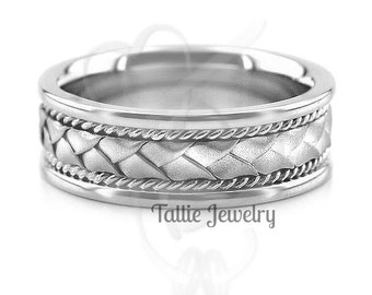 Braided Mens Wedding Bands, 7mm 10K 14K 18K Solid White Gold Mens Wedding Rings, Handmade Satin Finish Solid Gold Wedding Bands