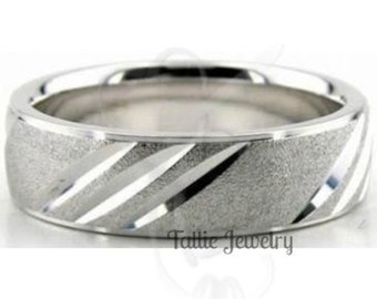 6mm 10K 14K 18K Solid White Gold Mens Wedding Band, Stone Finish Mens Wedding Ring, His and Hers Wedding Bands