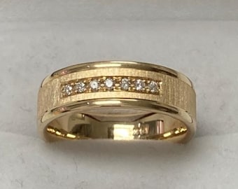 6mm 10K 14K 18K Solid Yellow Gold Diamond Mens Wedding Bands, Diamond Wedding Mens Rings, Brushed Finish, Comfort Fit