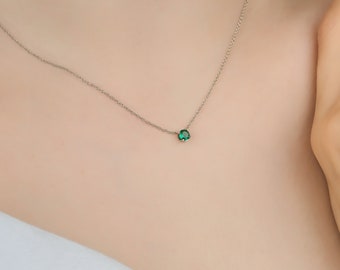 14K Solid White Gold Emerald Necklace, 5mm Prong Setting Round Emerald Solitaire Necklace, May Birthstone ,Green Emerald