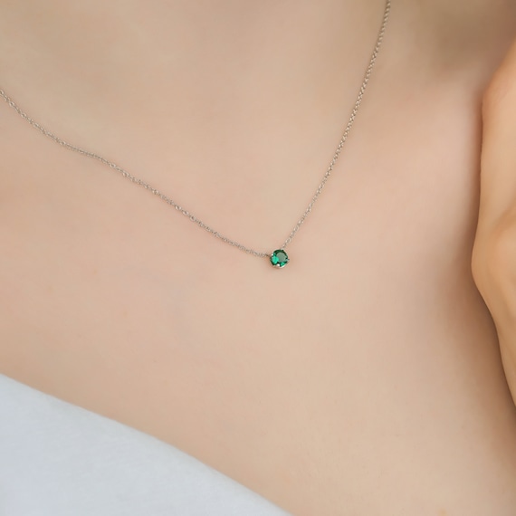 14K Solid White Gold Emerald Necklace 5mm Prong Setting Round - Etsy