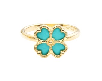 14K Solid Yellow Gold Turquoise Four Leaf Clover Ring, Blue Enamel Leaf Clover Ring, Turquoise Ring, Womens Rings, Gold Ring