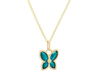 14K Solid Yellow Gold Butterfly Necklace, Butterfly Pendant, Enamel Butterfly Necklace,  Butterfly Charm