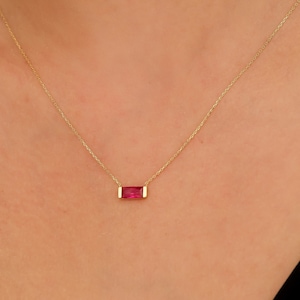 14K Solid Yellow Gold Ruby Solitaire Necklace, Baguette Ruby Necklace, Dainty Ruby Necklace, July Birthstone, Red Gemstone