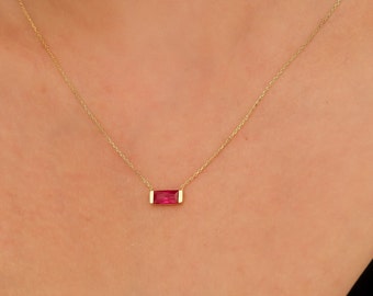14K Solid Yellow Gold Ruby Solitaire Necklace, Baguette Ruby Necklace, Dainty Ruby Necklace, July Birthstone, Red Gemstone