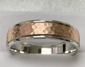 Two Tone Gold Mens Wedding Ring, Hammered Finish Mens Wedding Band, 6mm 10K 14K 18K Solid White and Rose Gold Wedding Bands, Rings for Men