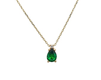 Emerald Necklace, 14K Yellow Gold Diamond Solitaire Necklace, Diamond and Emerald Solitaire Necklace, Pear Shape Emerald, May Birthstone