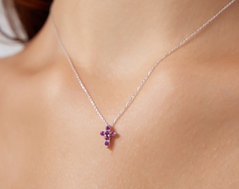 Ruby Cross Necklace14K Solid White Gold Cross Necklace,  Minimalist Ruby Cross Necklace, Dainty Ruby Cross Necklace Gemstone