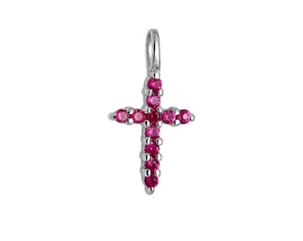 14K Solid White Gold Ruby Cross Necklace, Ruby Cross Pendant, Minimalist Cross Necklace, Cross Pendant, Ruby Necklace, Baptism Gift