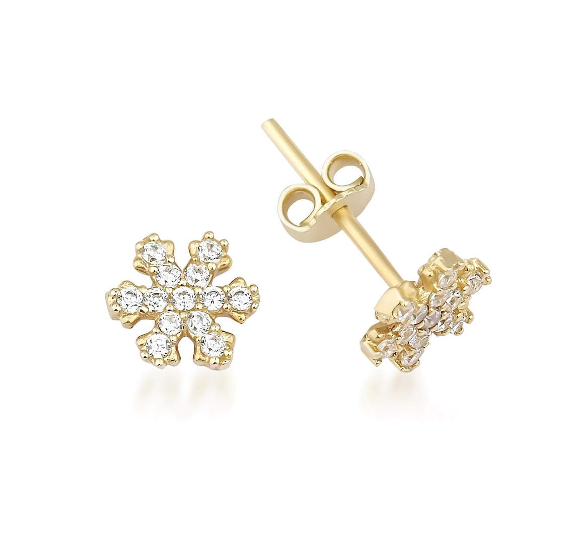 14K Solid Yellow Gold Snowflakes Earrings Diamond Cz Etsy