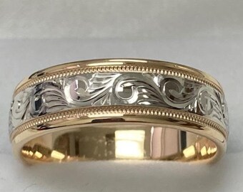 Hand Engraved Platinum Mens Wedding Rings,  18K Solid Yellow Gold and Platinum Mens Wedding Band ,Rings for Men, Two Tone Gold Wedding Bands