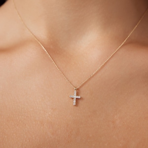14K Solid Yellow Gold Diamond Cross Necklace ,Minimalist Cross Necklace, Diamond Cross Pendant, Small Diamond Necklace, Baptism Gift