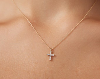 14K Solid Yellow Gold Diamond Cross Necklace ,Minimalist Cross Necklace, Diamond Cross Pendant, Small Diamond Necklace, Baptism Gift