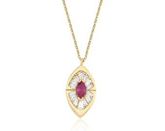 Marquise Ruby Necklace, 14K Solid Yellow Gold Ruby Solitaire Necklace, Dainty Eye Shape Ruby Necklace, Gemstone
