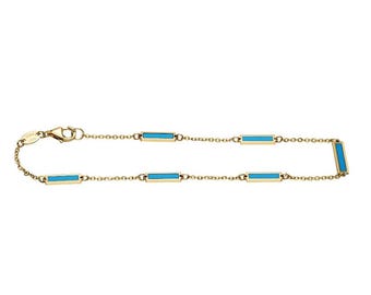 14K Solid Yellow Gold Turquoise Bracelet, Turquoise Bar Bracelet, Turquoise Bar Station Bracelet