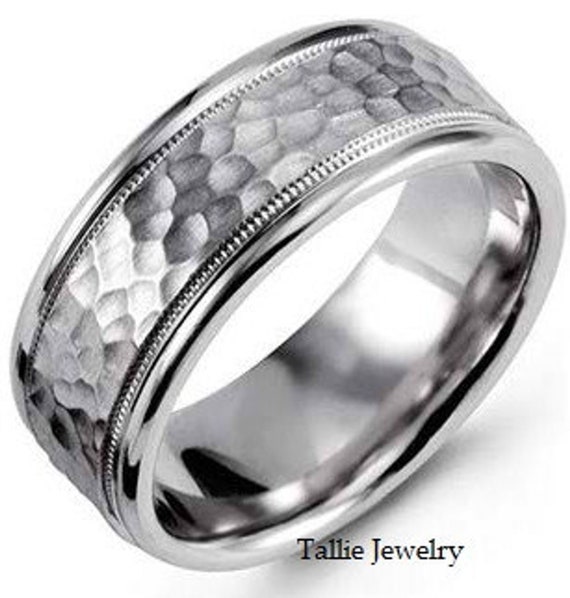 Hammered white gold mens wedding band outlet