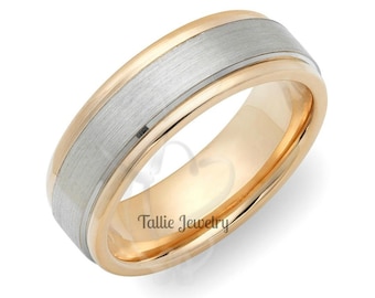 Two Tone Gold Mens Wedding Rings, 6mm 10K 14K 18K Solid White and Yellow Gold Mens Wedding Bands, Two Tone Gold Wedding Bands