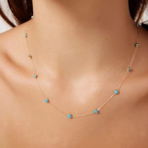14K Solid White Gold Turquoise Station Necklace, Beaded Turquoise Necklace, Turquoise Station Necklace, Gemstone Necklace