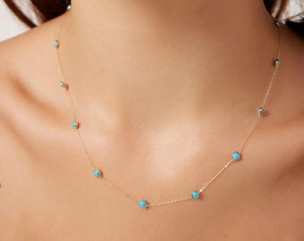 14K Solid White Gold Turquoise Station Necklace, Beaded Turquoise Necklace, Turquoise Station Necklace, Gemstone Necklace
