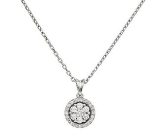 14K Solid White Gold Diamond Solitaire Necklace, 0.25 Carat Natural Diamond Halo Necklace, Round Diamond Necklace with Side Stones